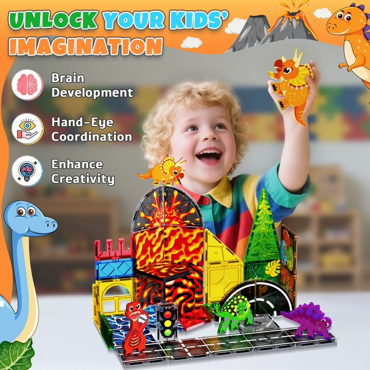 【Dinosaur x Traffic】Magnetic Tiles Building Blocks STEM Toys - 2025 Tile Collection