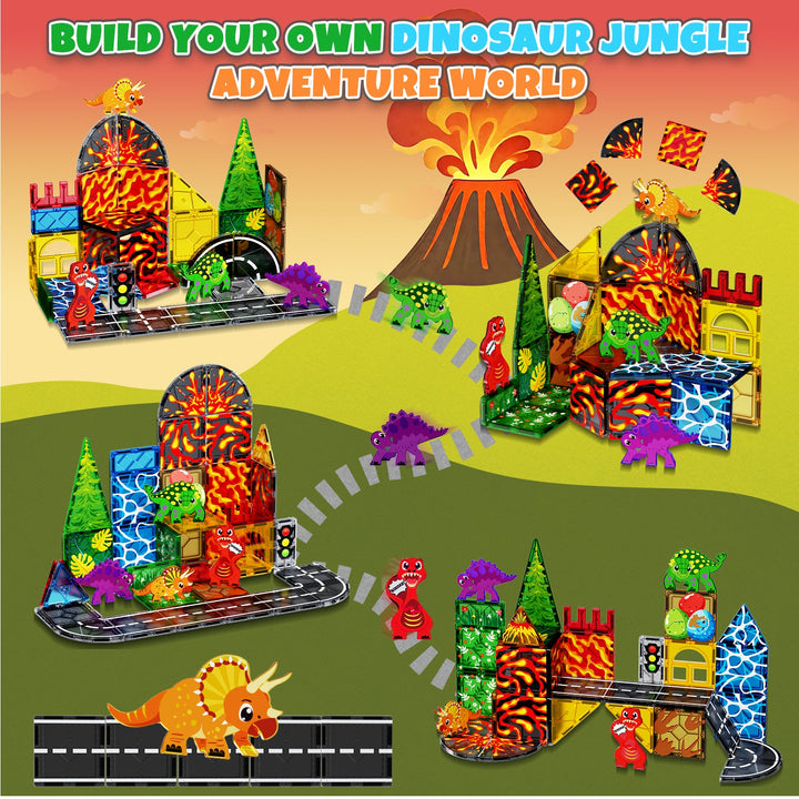 【Dinosaur x Traffic】Magnetic Tiles Building Blocks STEM Toys - 2025 Tile Collection