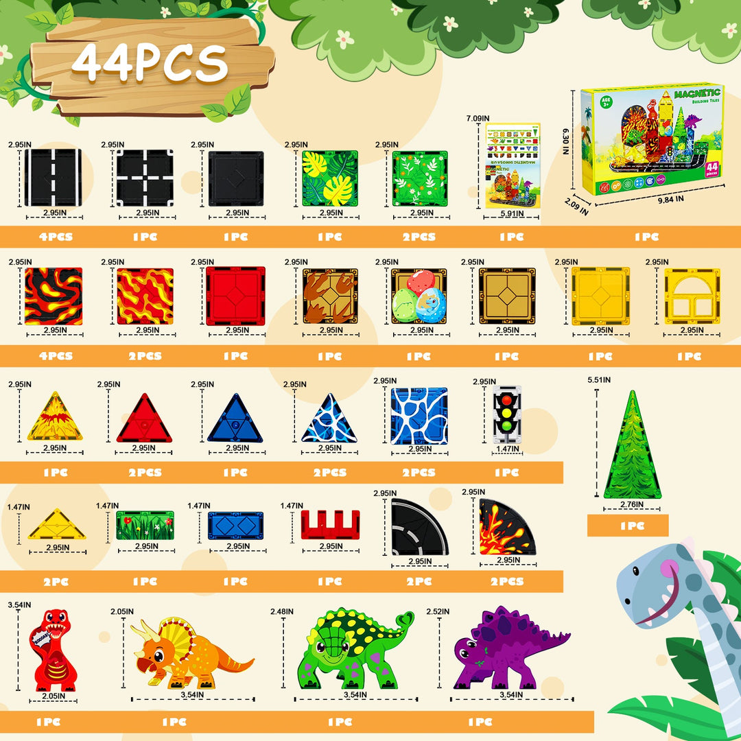 【Dinosaur x Traffic】Magnetic Tiles Building Blocks STEM Toys - 2025 Tile Collection